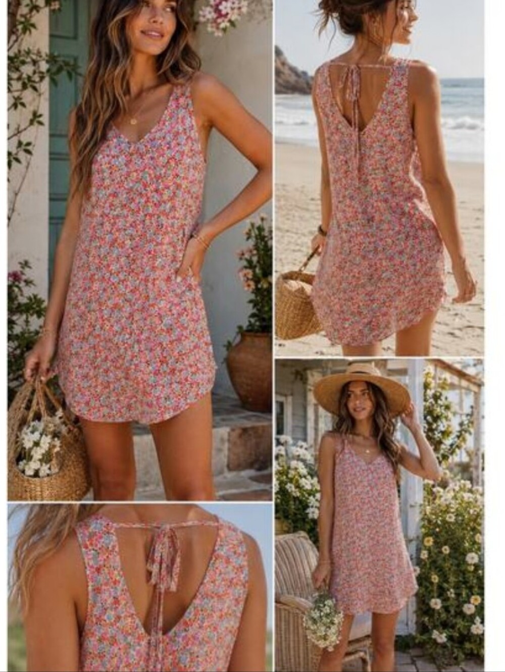 Gap Floral Dress Knee Sleeveless Viscose V Neck Pink Blue M Tie Back Cover Up